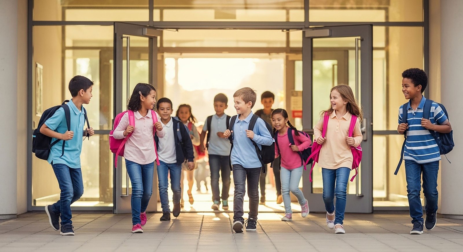 Students with backpacks walking into their school